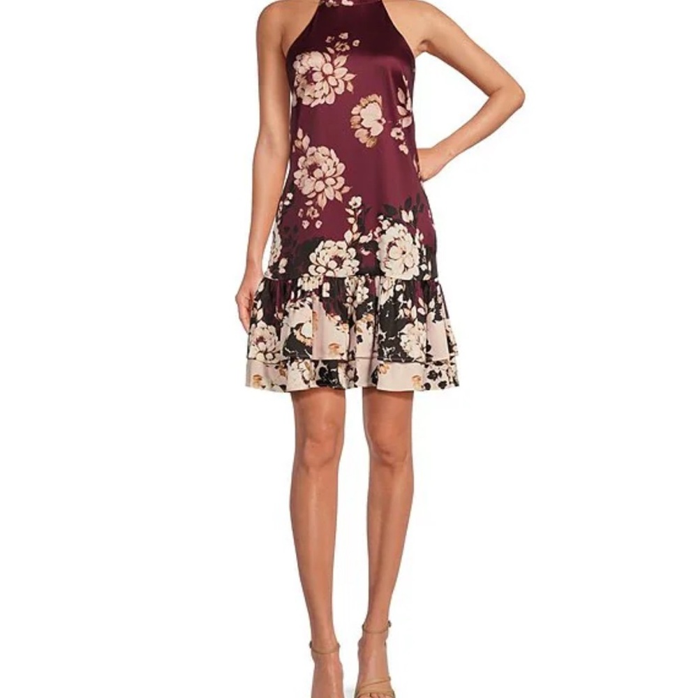 NWT Badgley Mischka Burgundy and Cream Floral Mini Dress